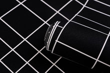 Load image into Gallery viewer, Detail of black grid patterned vinyl wallpaper