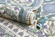 Load image into Gallery viewer, Detail of bohemian style wallpaper with bird and flower square tile pattern on a light background