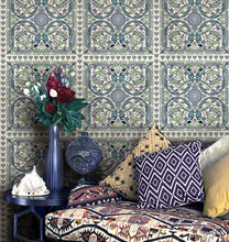 Load image into Gallery viewer, Bohemian style living room displaying square tile patterned wallpaper with birds and flowers on a light background