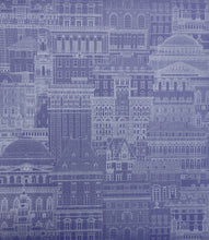 Load image into Gallery viewer, Cityscape patterned vinyl wallpaper printed in silver on a blue background