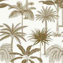 Load image into Gallery viewer, Beautiful tropical non woven wallpaper illustrated with gold palm trees on a white background