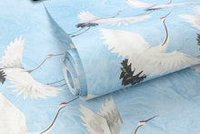 Load image into Gallery viewer, Detail of beautiful flying crane wallpaper with light blue background