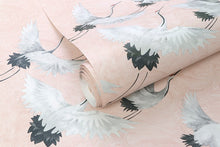 Load image into Gallery viewer, Detail of beautiful flying crane wallpaper with light pink background