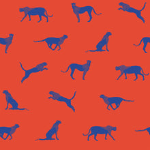 Load image into Gallery viewer, Sitting, pouncing, and running leopard patterned vinyl wallpaper in red and blue