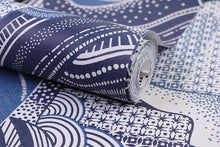 Load image into Gallery viewer, Texture detail of the Alpine Tapestry patterned non woven wallpaper in blue