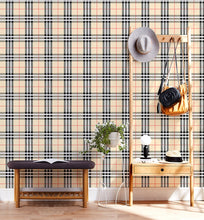 Load image into Gallery viewer, Room decorated with vintage plaid patterned vinyl wallpaper in beige, red, black, and white