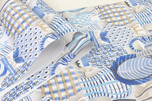 Load image into Gallery viewer, Detail of pottery printed non woven wallpaper in shades of blue and beige