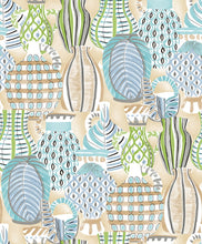 Load image into Gallery viewer, Illustrated pottery print non woven wallpaper in shades of green and turquoise