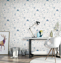 Load image into Gallery viewer, Room decorated with blue and white Greek town printed vinyl wallpaper