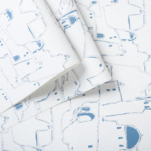Load image into Gallery viewer, Detail of blue and white Greek town printed vinyl wallpaper