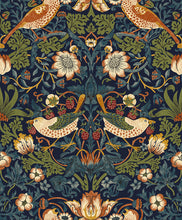 Load image into Gallery viewer, 'The Strawberry Thief' wallpaper designed by William Morris in blue vinyl