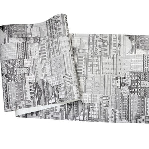 Sheet of cityscape patterned vinyl wallpaper printed in black and white