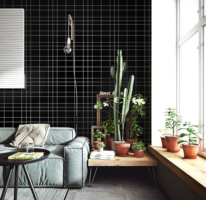 Living room decorated with black irregular grid patterned vinyl wallpaper