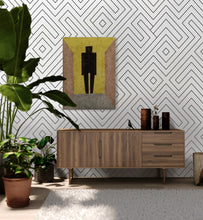 Load image into Gallery viewer, Modern living room decorated with black and white geometric patterned vinyl wallpaper
