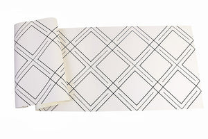 Sheet of geometric lattice patterned black and white vinyl wallpaper