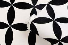 Load image into Gallery viewer, Black and white circle and diamond patterned vinyl wallpaper detail
