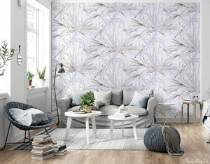 Living room decorated with blue-grey palm leaf pattern non woven wallpaper