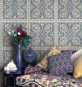 Bohemian style living room displaying square tile patterned wallpaper with birds and flowers on a light background