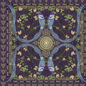 Bohemian style wallpaper pattern with birds and flowers on a dark purple background