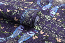 Load image into Gallery viewer, Detail of bohemian style wallpaper with bird and flower square tile pattern on a violet background
