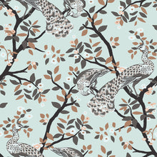 Load image into Gallery viewer, Fine Chinese style wallpaper pattern with peacocks and blossoming trees on a light blue background
