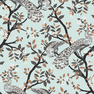 Fine Chinese style wallpaper pattern with peacocks and blossoming trees on a light blue background