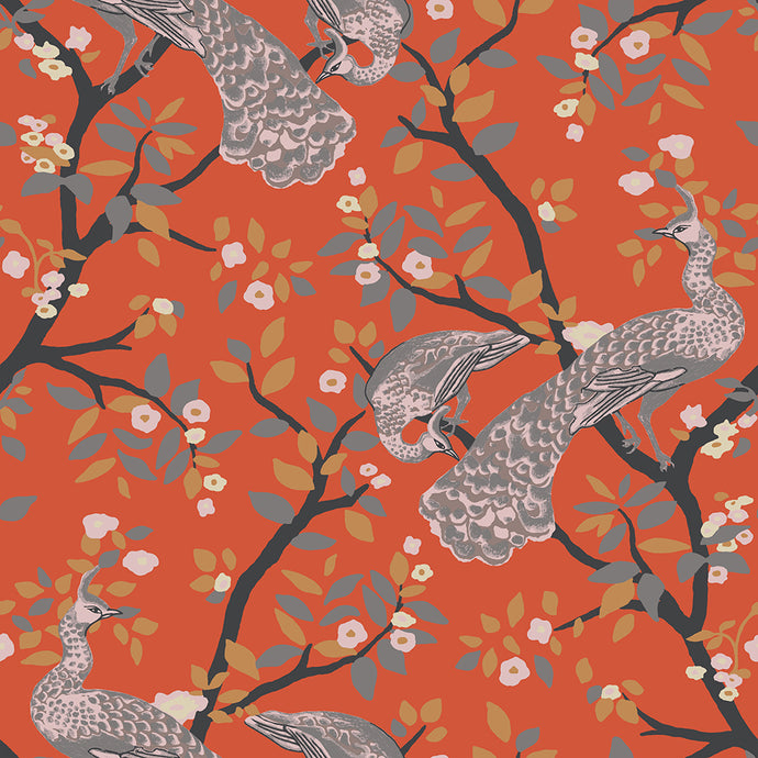 Fine Chinese style wallpaper pattern with peacocks and blossoming trees on a red background