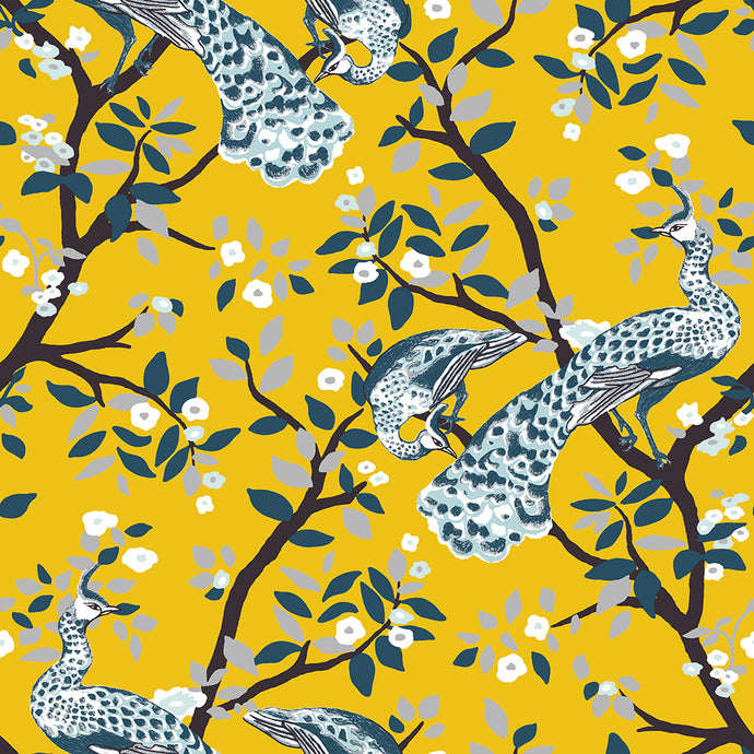 Fine Chinese style wallpaper pattern with peacocks and blossoming trees on a yellow background