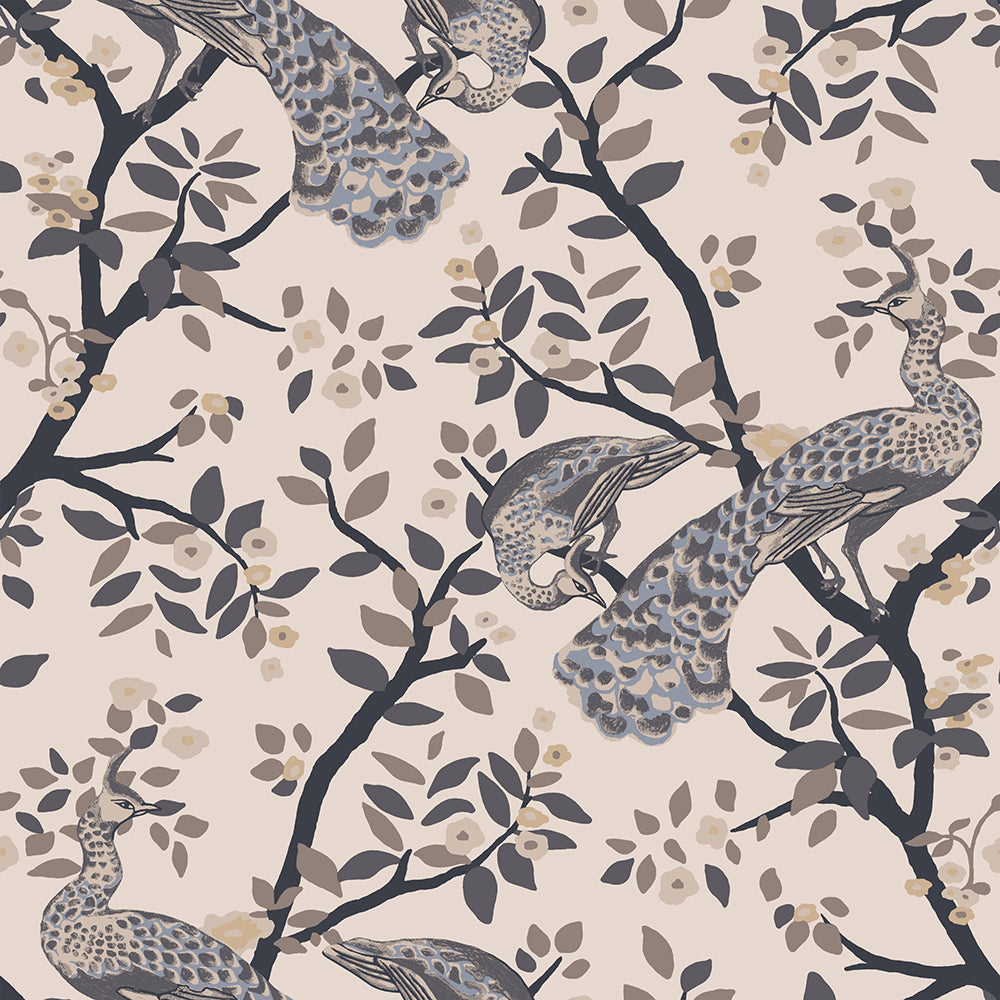 Fine Chinese style wallpaper pattern with peacocks and blossoming trees on a light pink background