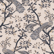 Load image into Gallery viewer, Fine Chinese style wallpaper pattern with peacocks and blossoming trees on a light pink background
