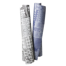 Load image into Gallery viewer, Two rolls of cityscape patterned vinyl wallpaper in black and blue
