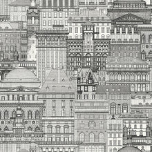 Load image into Gallery viewer, Cityscape patterned vinyl wallpaper printed in black and white
