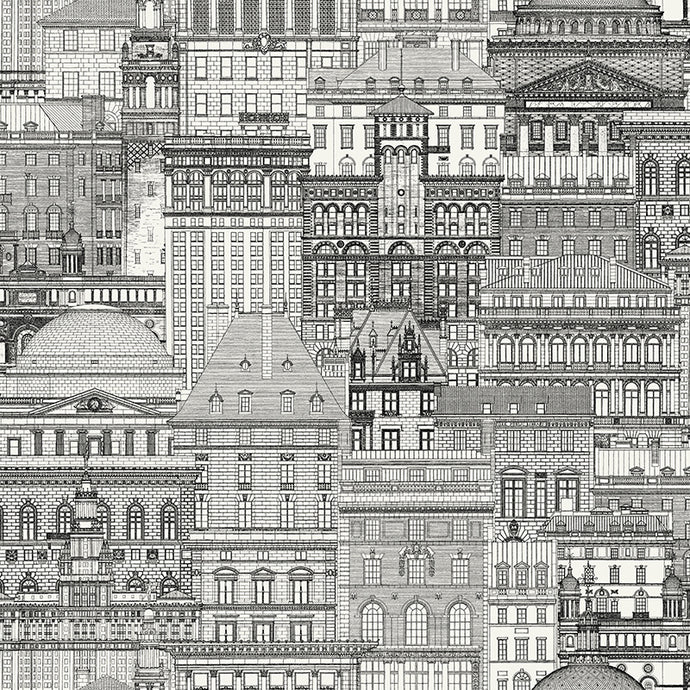 Cityscape patterned vinyl wallpaper printed in black and white