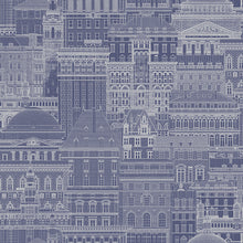 Load image into Gallery viewer, Cityscape patterned vinyl wallpaper printed in silver on a blue background
