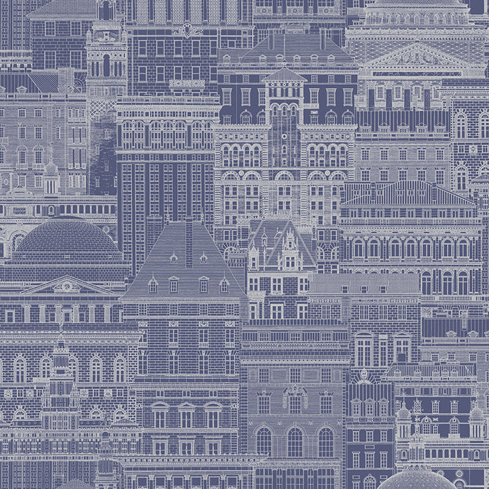 Cityscape patterned vinyl wallpaper printed in silver on a blue background