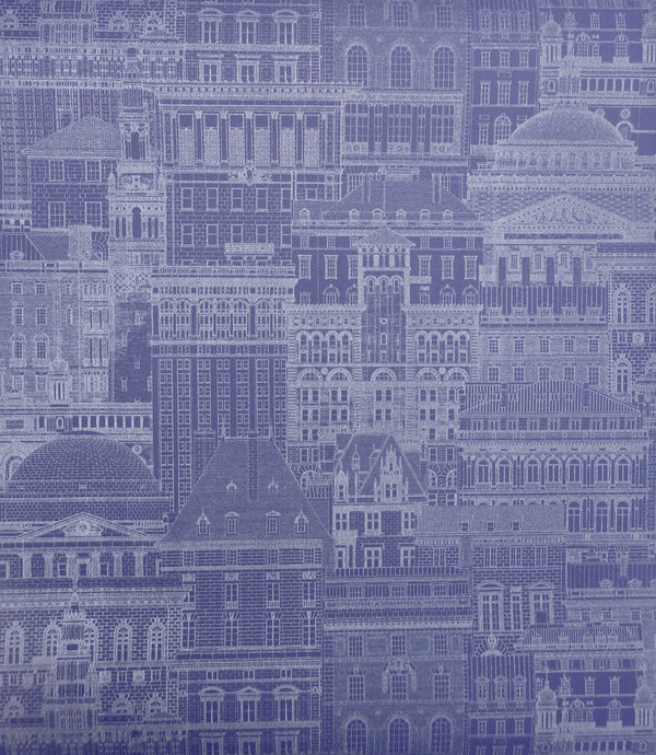 Cityscape patterned vinyl wallpaper printed in silver on a blue background