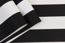 Load image into Gallery viewer, Detail of vinyl wallpaper designed with thick black and white stripes
