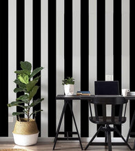 Load image into Gallery viewer, Home office decorated with black and white thick striped wallpaper
