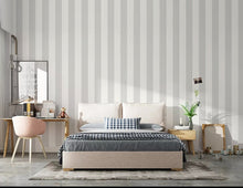 Load image into Gallery viewer, Girl&#39;s bedroom decorated with thick mauve and white striped wallpaper
