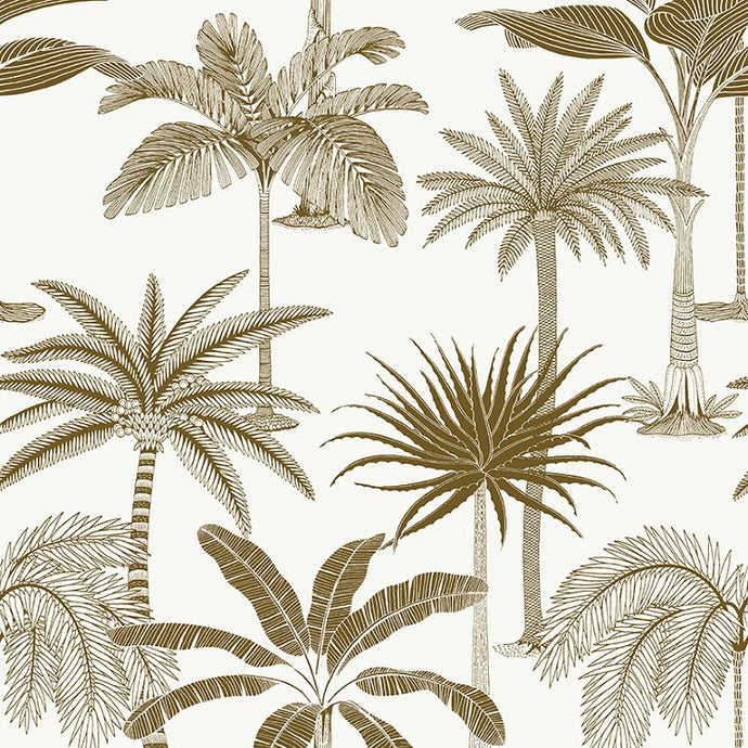 Beautiful tropical non woven wallpaper illustrated with gold palm trees on a white background