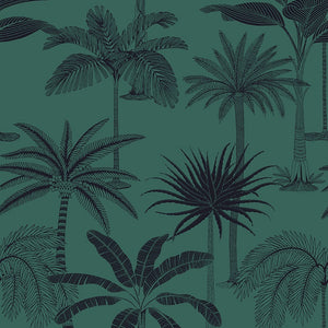Beautiful tropical non woven wallpaper illustrated with palm trees on a hunter green background