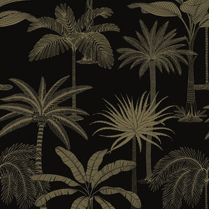 Beautiful tropical non woven wallpaper illustrated with gold palm trees on a black background