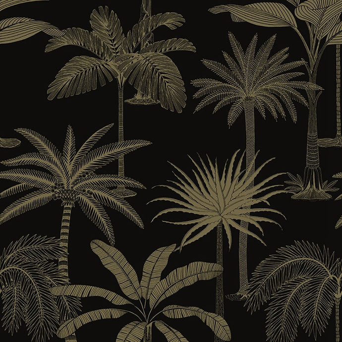 Beautiful tropical non woven wallpaper illustrated with gold palm trees on a black background