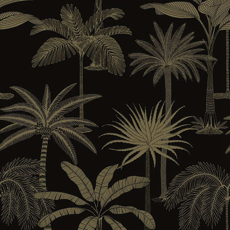 Beautiful tropical non woven wallpaper illustrated with gold palm trees on a black background