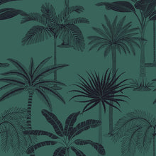 Load image into Gallery viewer, Beautiful tropical non woven wallpaper illustrated with palm trees on a hunter green background
