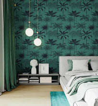 Load image into Gallery viewer, Modern bedroom displaying tropical non woven wallpaper illustrated with palm trees on a hunter green background
