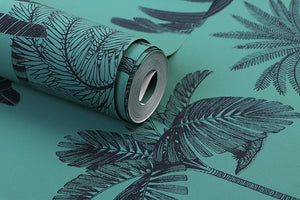 Detail of tropical designed non woven wallpaper illustrated with palm trees on a hunter green background
