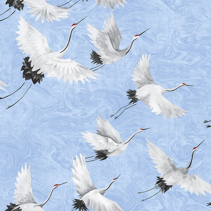 Beautiful flying crane wallpaper pattern with light blue background