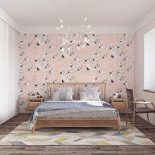 Load image into Gallery viewer, Girl&#39;s bedroom decorated with flying crane patterned wallpaper with light pink background
