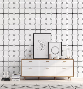 Contemporary bedroom decorated with black and white vinyl grid patterned wallpaper with flower motif